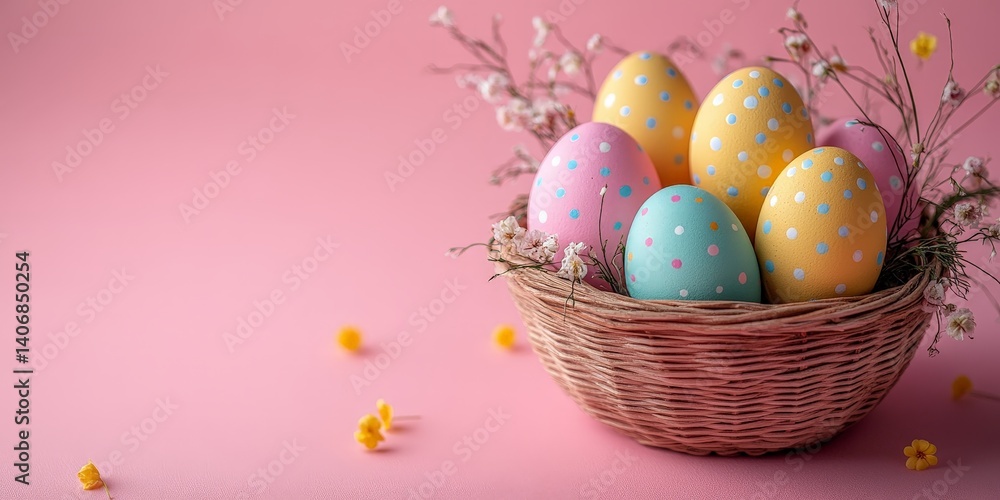 Naklejka premium Colorful Easter Basket with Pink Background and Decorative Eggs