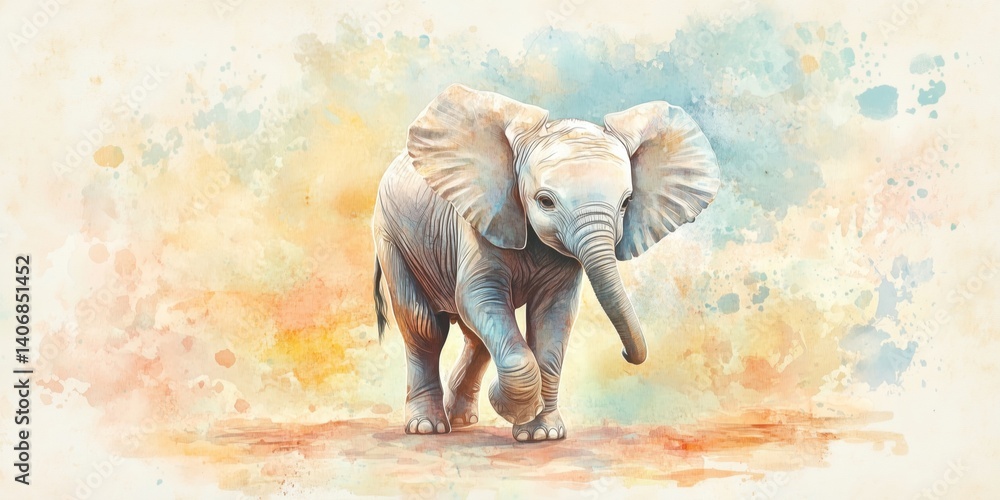 Elephant walking gracefully through colorful watercolor background