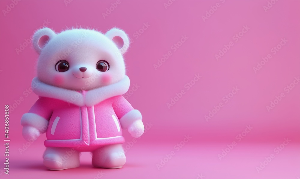 Cute pink teddy bear character in fluffy winter coat against pink background Cute pink teddy bear character in fluffy winter coat against pink background