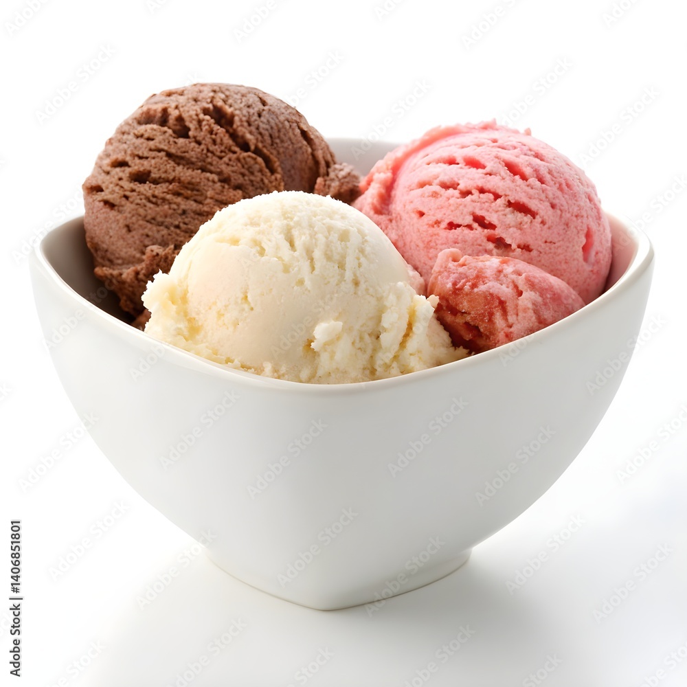 Ice cream scoops in bowl: vanilla, chocolate, strawberry flavors for dessert photography Ice cream scoops in bowl: vanilla, chocolate, strawberry flavors for dessert photography