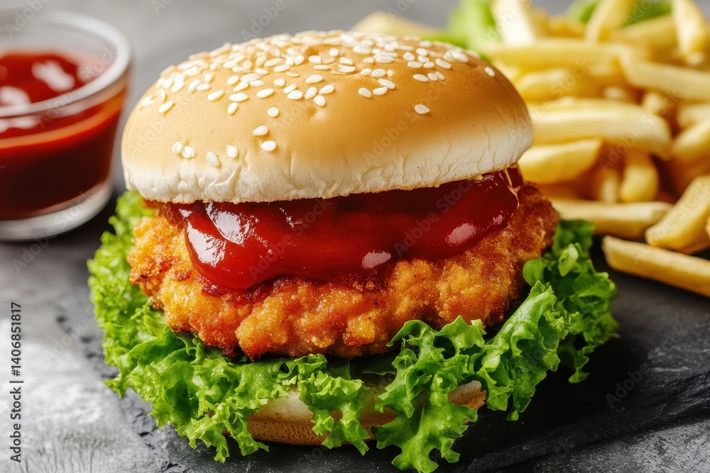 Crispy burger with fries and sauce Crispy burger with fries and sauce