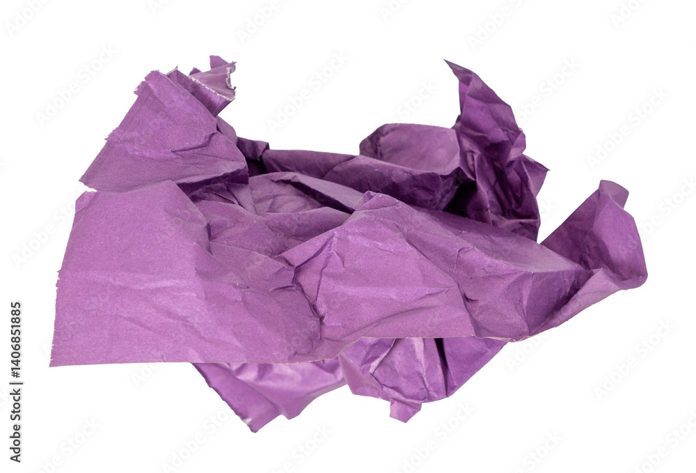 Isolated crumpled sheet of purple paper on white background Isolated crumpled sheet of purple paper on white background