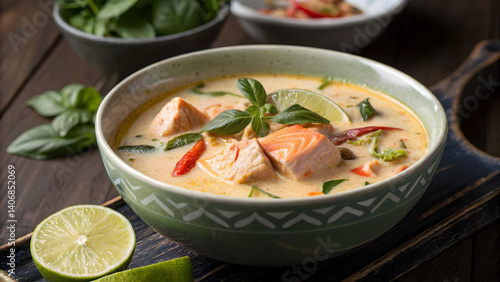 Creamy Tom Kha Soup with salmon pieces and herbs 