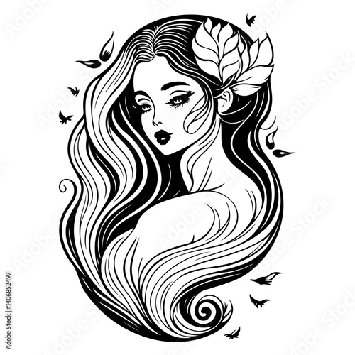 Elegant Woman with Floral Hair and Bird Accents