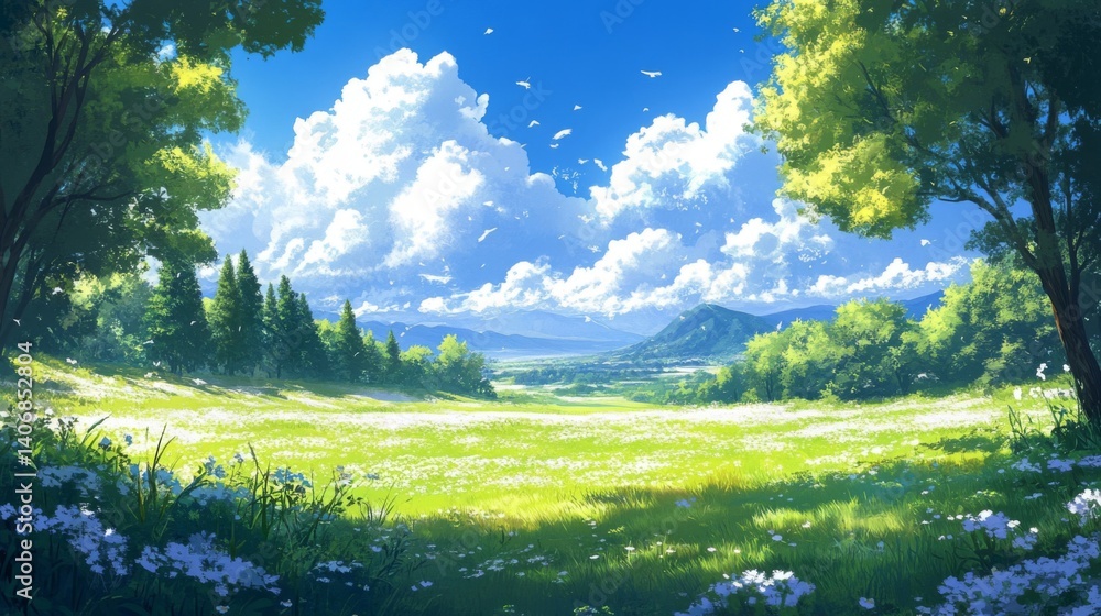 Fototapeta premium Sunny Summer Meadow Landscape with Lush Green Field