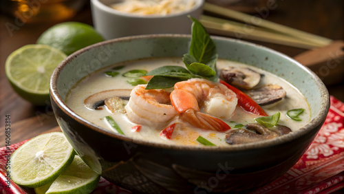 Coconut Tom Kha Soup with prawns and fresh herbs garnish 