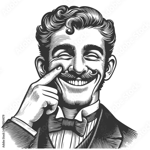 cheerful man with a curled mustache, smiling widely and wearing a bow tie and suit sketch engraving generative ai fictional character vector illustration. Scratch board. Black and white image.