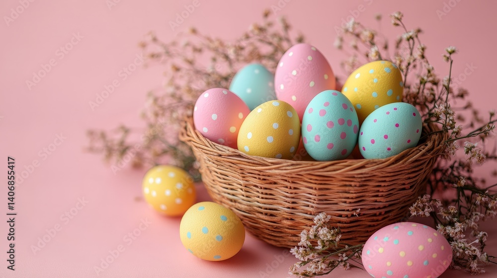 Naklejka premium Easter Eggs in a Basket on a Soft Pink Background with a Playful Twist