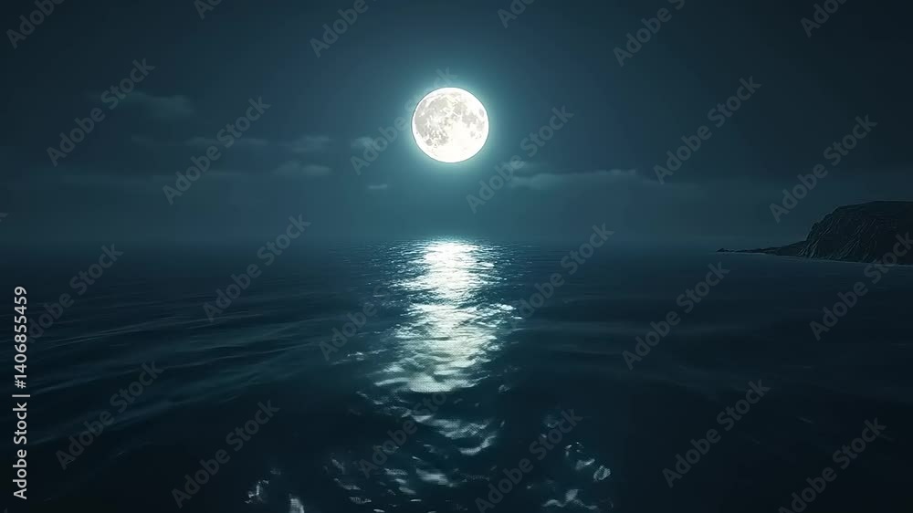 Serene night scene featuring a full moon illuminating calm ocean waters under a starry sky Serene night scene featuring a full moon illuminating calm ocean waters under a starry sky