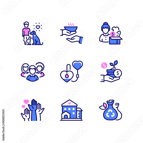 Volunteering and support - line design style icons set