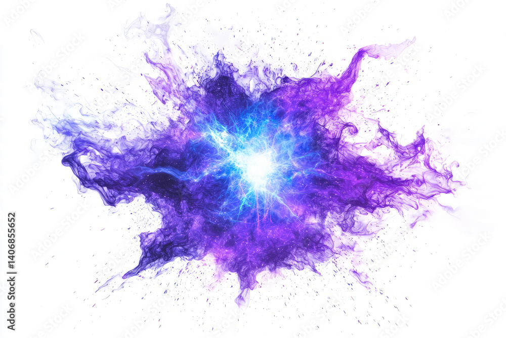 radiant burst of blue and purple arcane energy, dynamic explosion effect, isolated on white radiant burst of blue and purple arcane energy, dynamic explosion effect, isolated on white