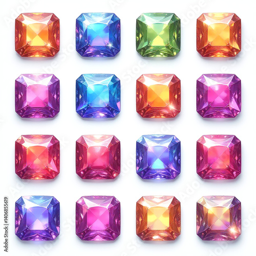 Decorative square gem stickers, colorful embellishments, crystal style design, white background