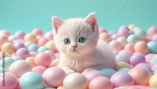 Cute kitten 3D cartoon in soft pastel colors in a dreamy candy world, generative AI.