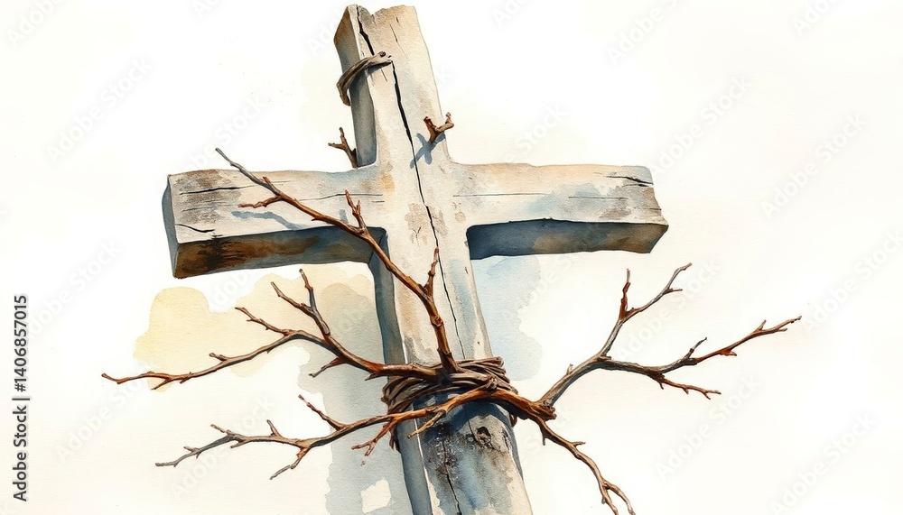 Rustic wooden cross entwined with branches on a serene background Rustic wooden cross entwined with branches on a serene background