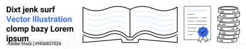 Open book with text, certification document, blue badge, and stacked coins symbolizing knowledge, achievement, and wealth. Ideal for education, learning, certification finance success goals