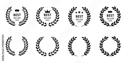 Best seller, offer and price icon set. Badges with wreath for sale. Template for award, emblem, quality mark and certificate.