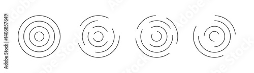 Set of circular ripple icons. Concentric circles with broken lines isolated on white background. Vortex, sonar wave, soundwave, sunburst, signal signs. Vector graphic illustration
