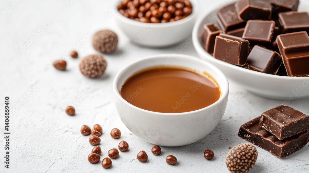 Fototapeta premium A bowl of chocolate sauce sits on a table next to a bowl of chocolate chips