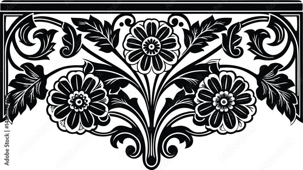 Vintage black and white floral vector design element with ornate leaf pattern creates an elegant decorative swirl illustration