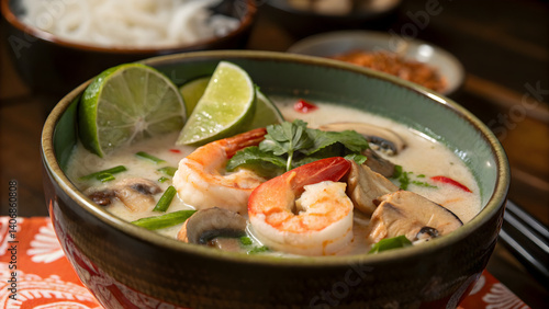 Authentic Tom Kha Soup with prawns and lime on wooden table 