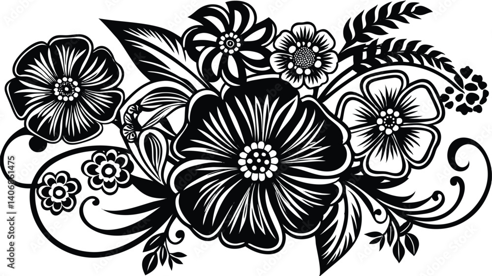 Black and white floral vector design features a seamless ornate flower pattern for wallpaper decoration with a vintage damask texture Black and white floral vector design features a seamless ornate flower pattern for wallpaper decoration with a vintage damask texture