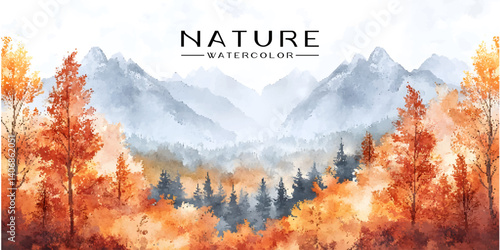 Watercolor autumnal mountain forest scene. autumnal landscape of mountains and forest