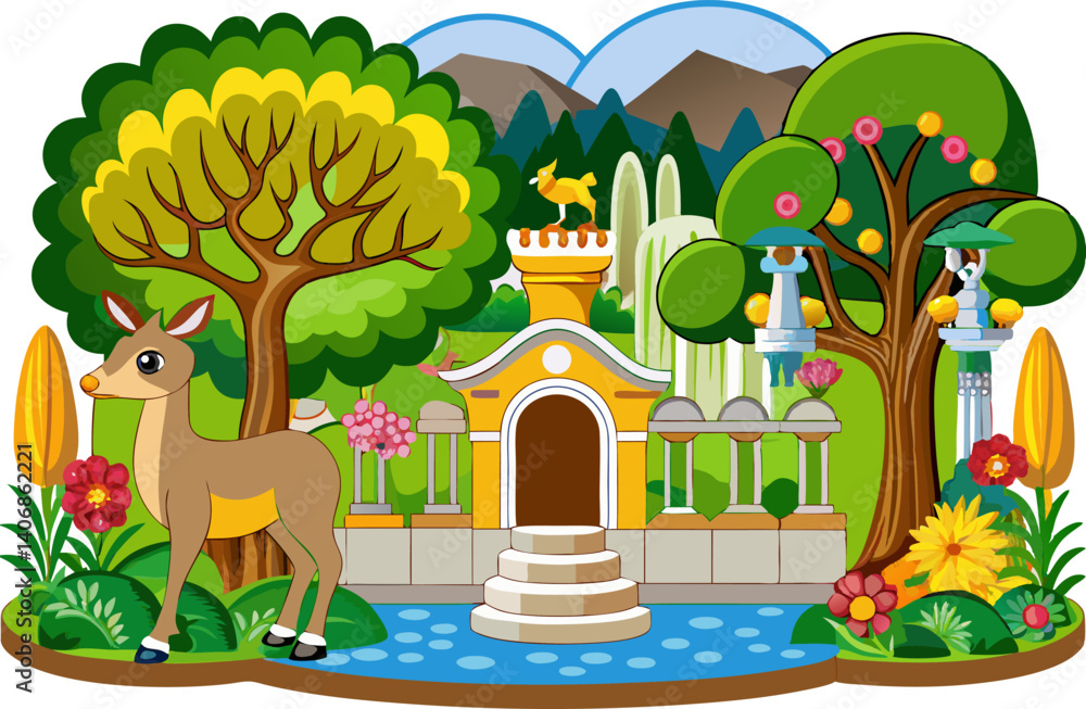 Naklejka premium Toile park with deer animal, grouse bird, willow, tree, fountain, column seamless border. Classic landscape mural Background
