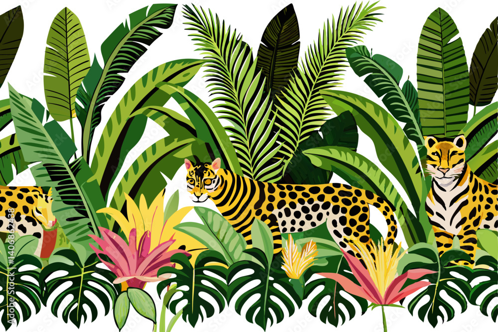Obraz premium Toile tropical vintage botanical palm trees, banana tree, plants, leopard, zebra animal, toucan seamless border white background. Graphic jungle mural Background