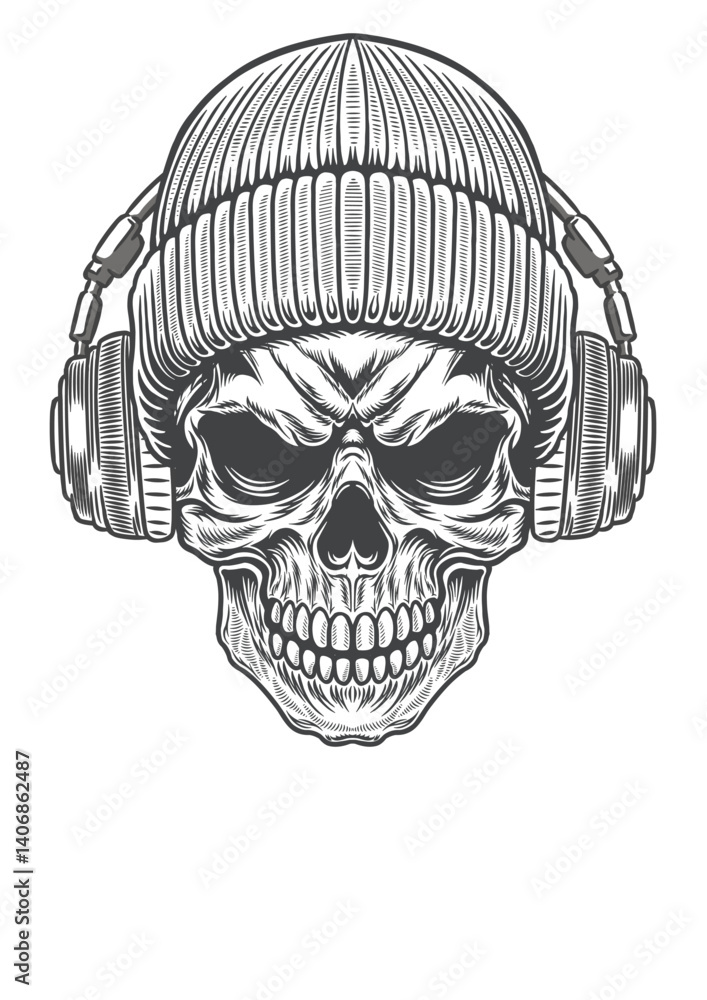 Fototapeta premium Skull in streetstyle beanie hat and vintage style headphone 70b - BWb