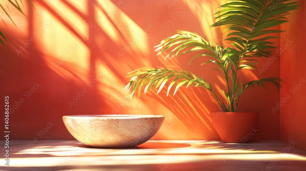Obraz premium Textured Bowl and Palm Plant in Sunlit Orange Room
