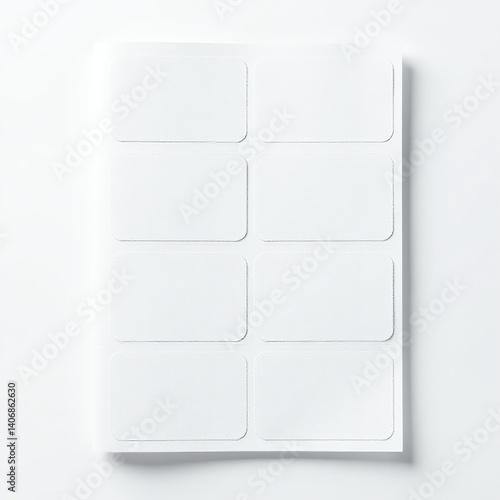 Blank white sticker sheet, multiple adhesive labels, isolated layout, minimal office branding template