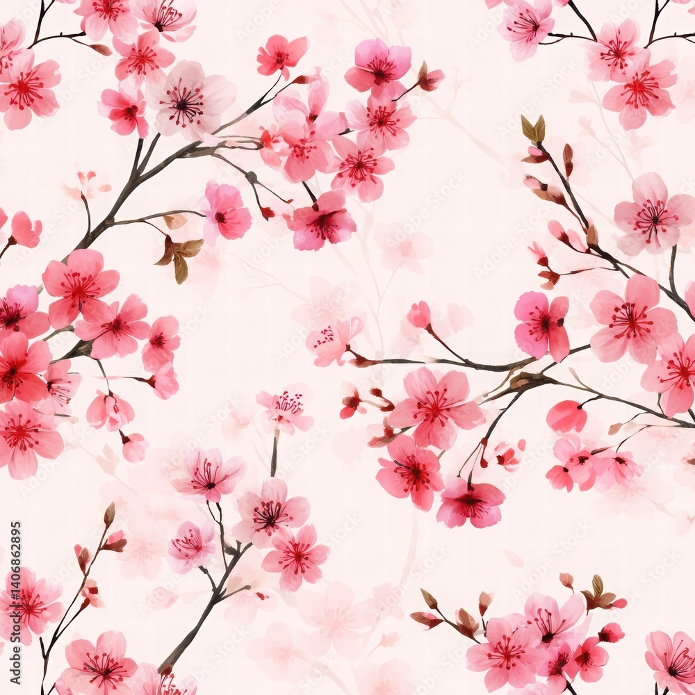 Naklejka premium Delicate Cherry Blossom Pattern on Light Cream Background