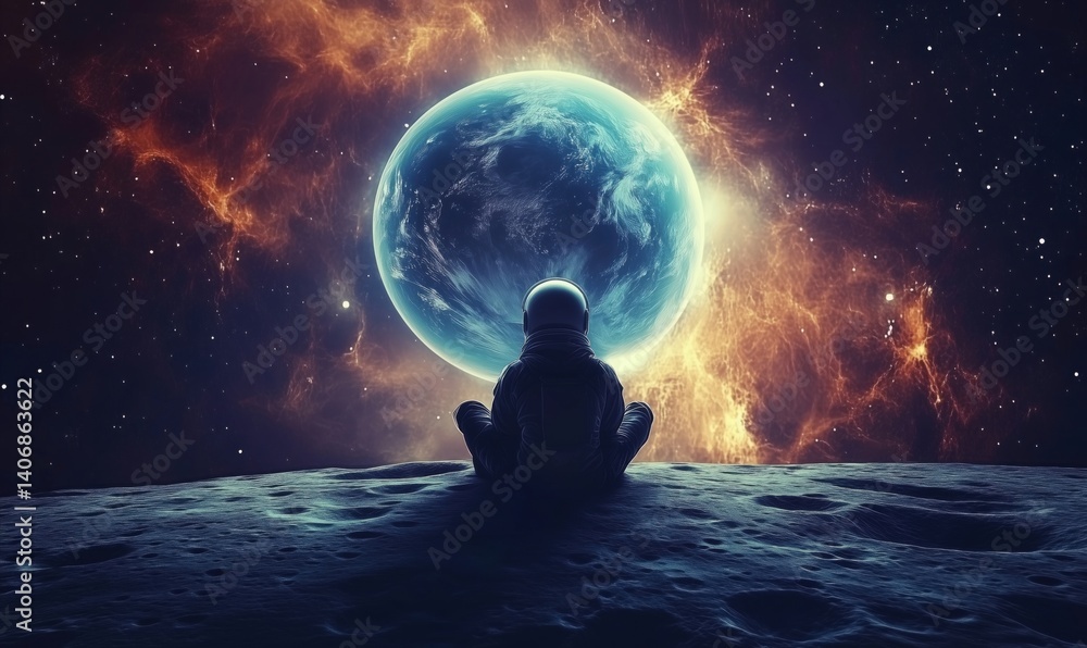 Astronaut gazing at Earth from lunar surface with cosmic background Astronaut gazing at Earth from lunar surface with cosmic background