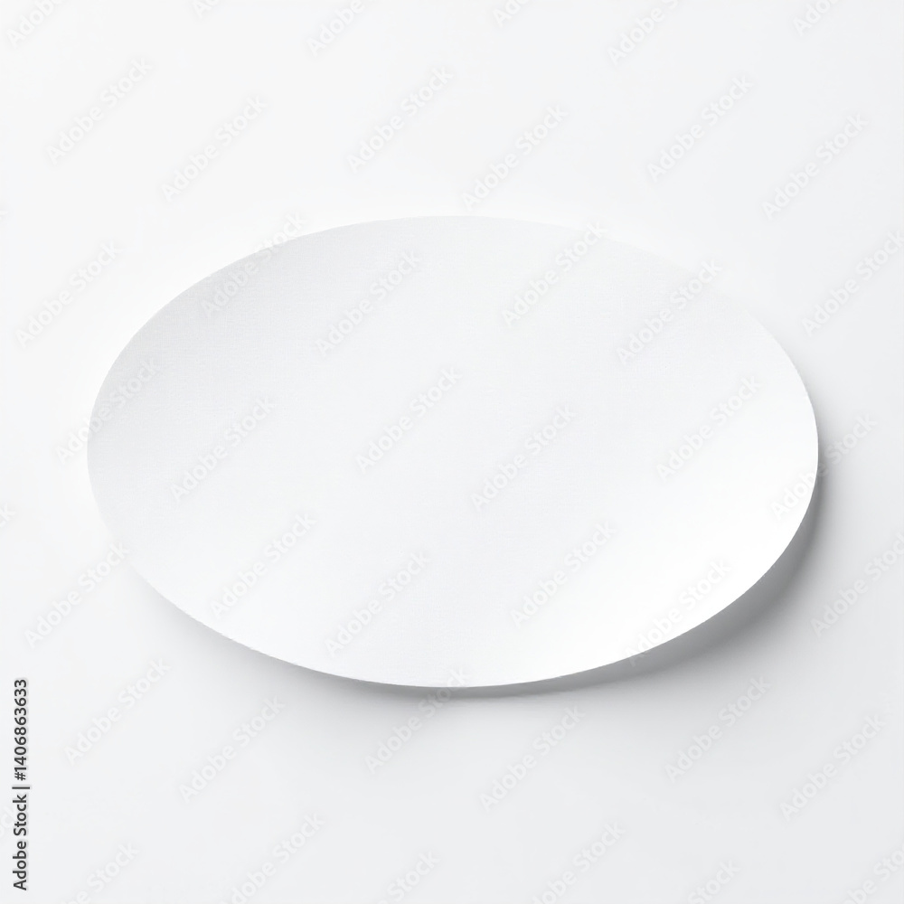 Oval-shaped white paper sticker, blank adhesive label, soft lighting, minimal modern visual Oval-shaped white paper sticker, blank adhesive label, soft lighting, minimal modern visual