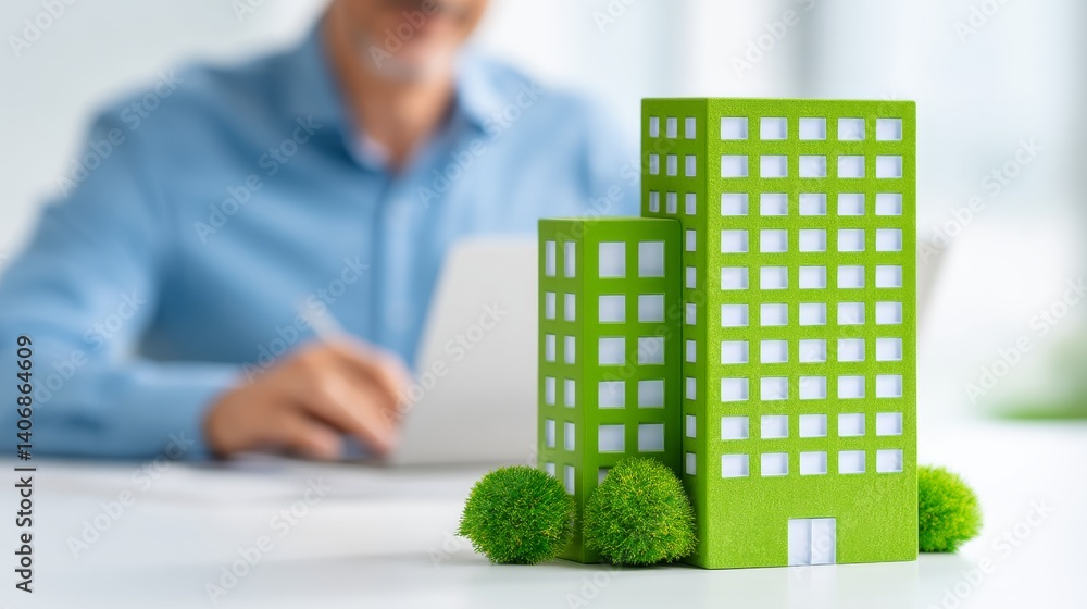 Green Architecture Model with Businessman Working on Tablet in Modern Office Environment