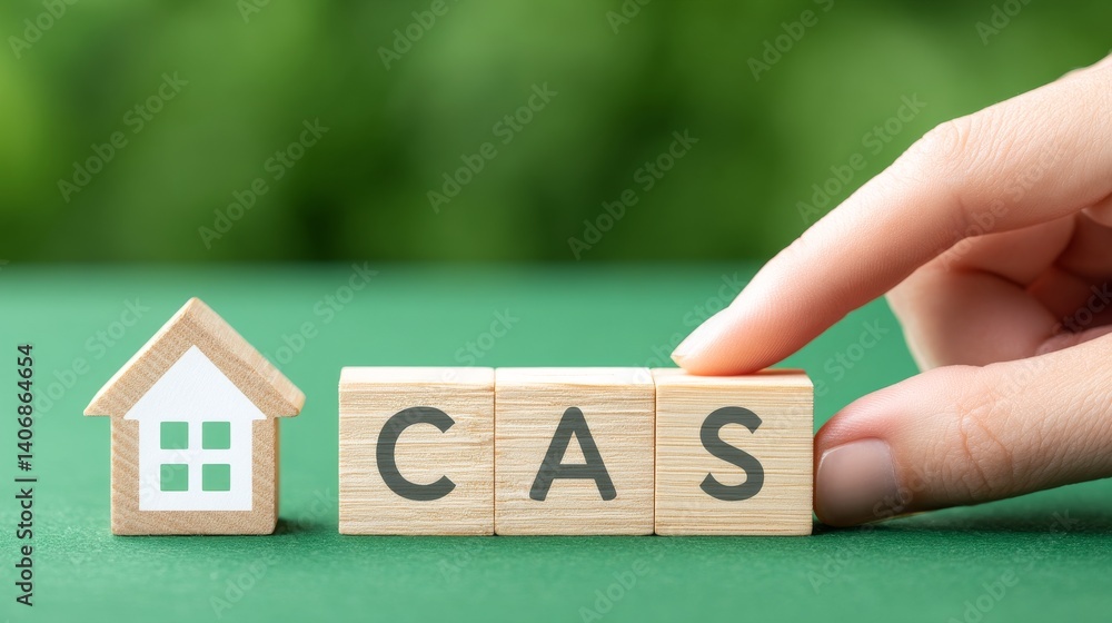 Hand Placing Wooden Block Letters Next to House Icon Representing Concept of Home and Words