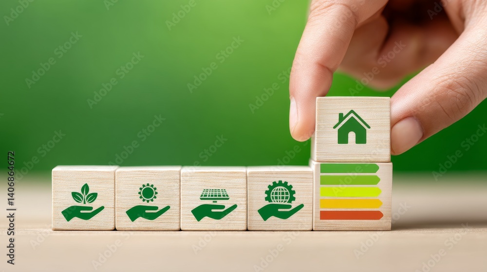 Hand Placing Sustainable Home Block on Energy Efficiency Graph with Nature Icons in Background