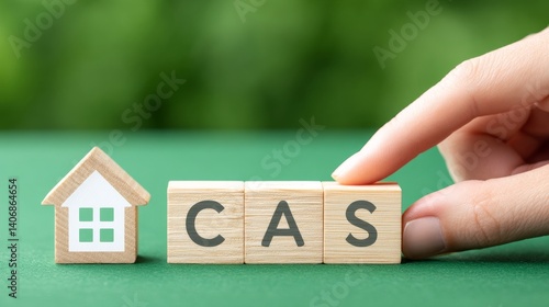 Obraz na płótnie Hand Placing Wooden Block Letters Next to House Icon Representing Concept of Home and Words w salonie