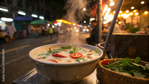 Authentic Tom Kha Soup with cilantro and chili in night bazaar 