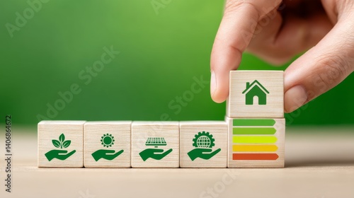 Obraz na płótnie Hand Placing Sustainable Home Block on Energy Efficiency Graph with Nature Icons in Background w salonie