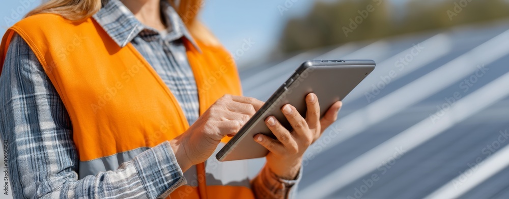 Woman in Safety Vest Using Tablet Device at Solar Panel Installation Site Outdoors