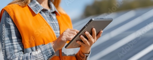 Obraz na płótnie Woman in Safety Vest Using Tablet Device at Solar Panel Installation Site Outdoors w salonie