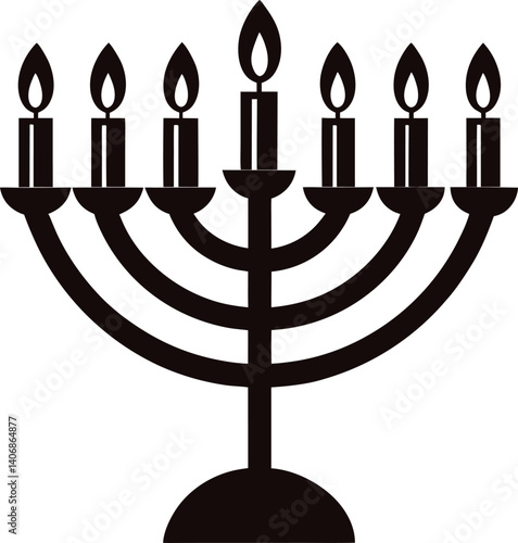 Menorah with Glowing Candles Silhouette on White Background