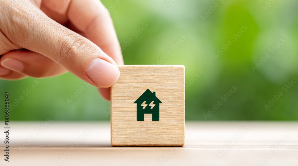 Hand placing wooden block with green house symbol representing energy efficiency and sustainability