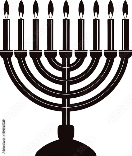 Menorah with Glowing Candles Silhouette on White Background