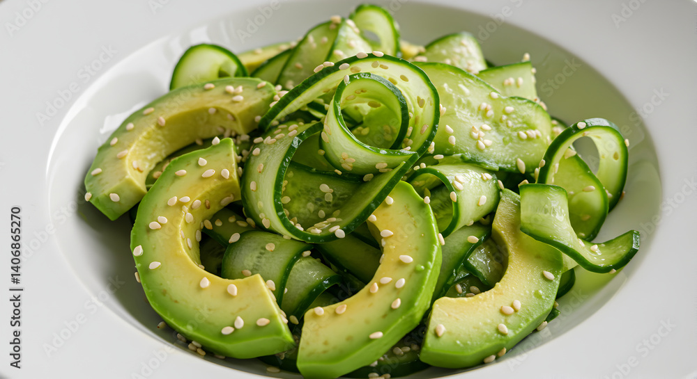 Fresh Avocado And Cucumber Salad Topped With Sesame Seeds In A Bowl Fresh Avocado And Cucumber Salad Topped With Sesame Seeds In A Bowl