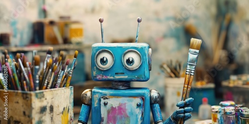 Creative robot artist holding paintbrush in colorful art studio