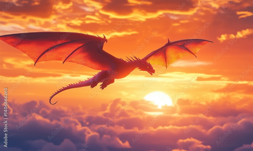 Majestic red dragon soaring through vibrant sunset clouds