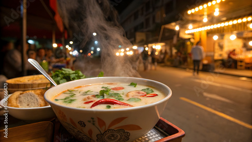 Traditional Tom Kha Soup with steam rising in night market 