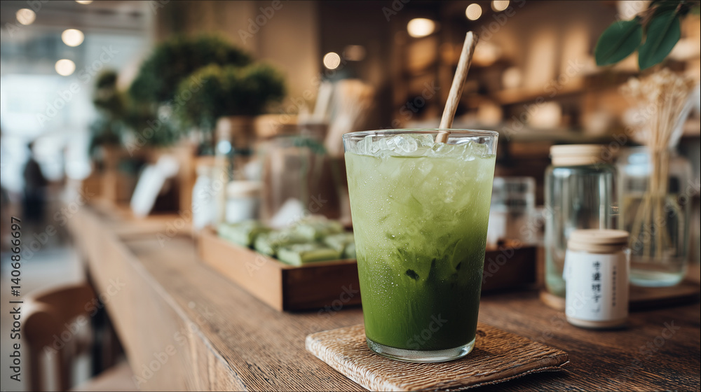 Refreshing green drink sits on rustic wooden table in a cozy cafe filled with plants and decorative jars Refreshing green drink sits on rustic wooden table in a cozy cafe filled with plants and decorative jars